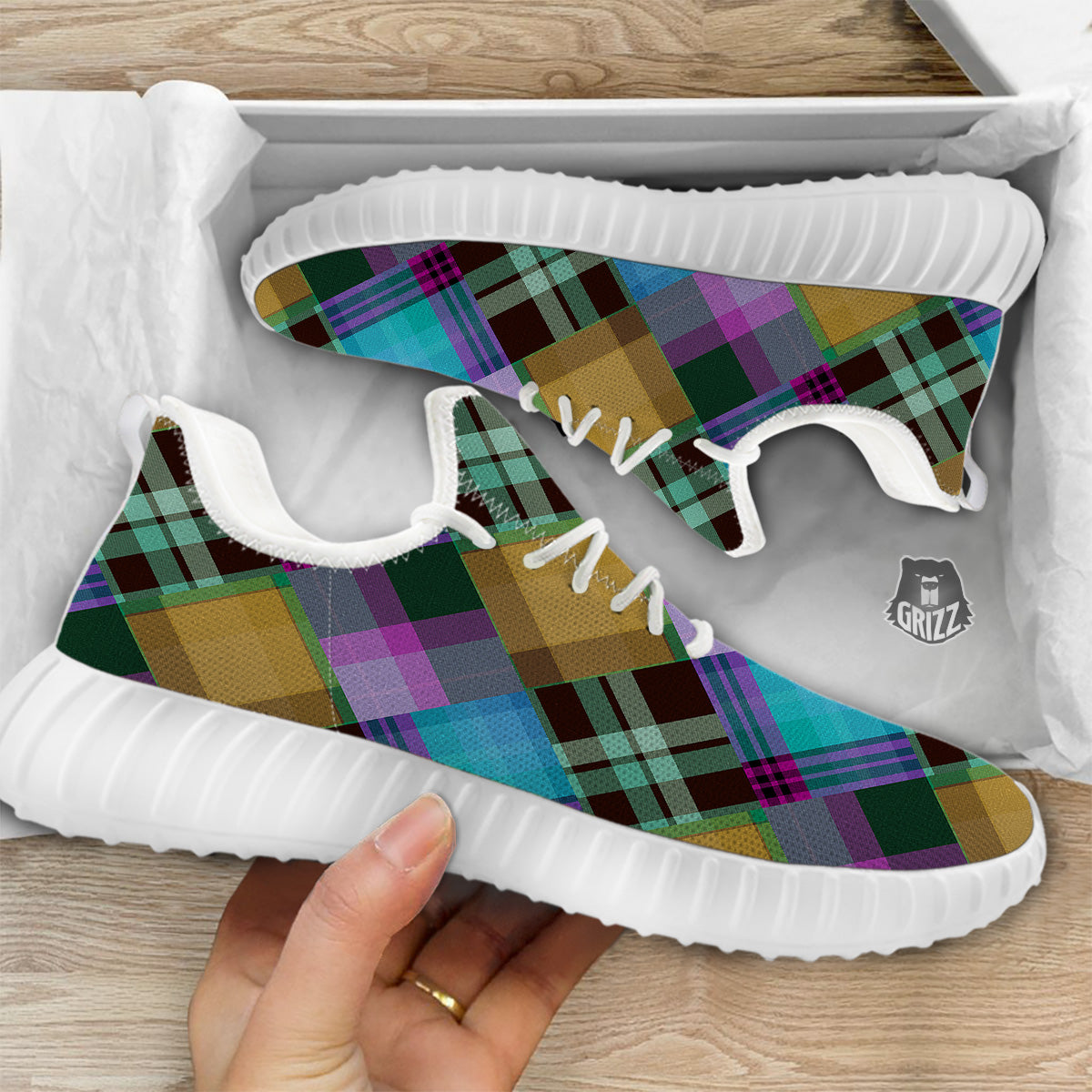 Diagonal Madras Blue Tartan Plaid Print Pattern White Walking Shoes-grizzshop