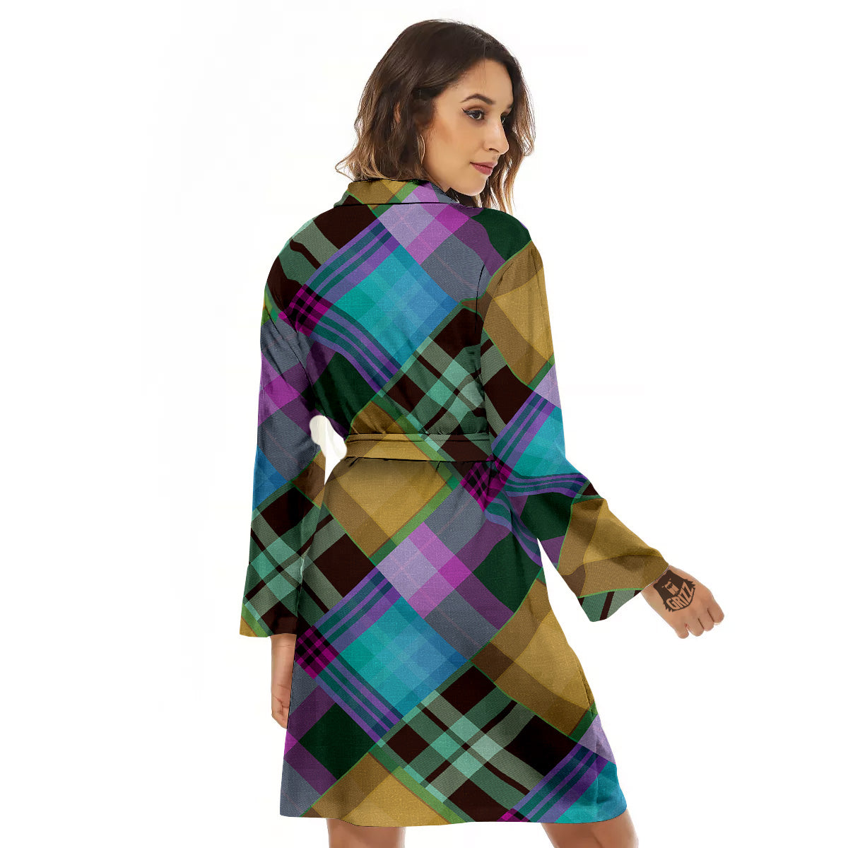 Diagonal Madras Blue Tartan Plaid Print Pattern Women's Robe-grizzshop