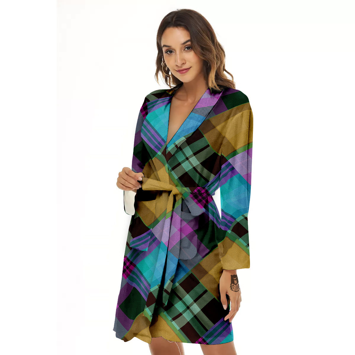Diagonal Madras Blue Tartan Plaid Print Pattern Women's Robe-grizzshop