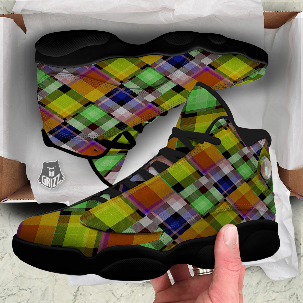Diagonal Madras Plaid Print Pattern Black Basketball Shoes-grizzshop