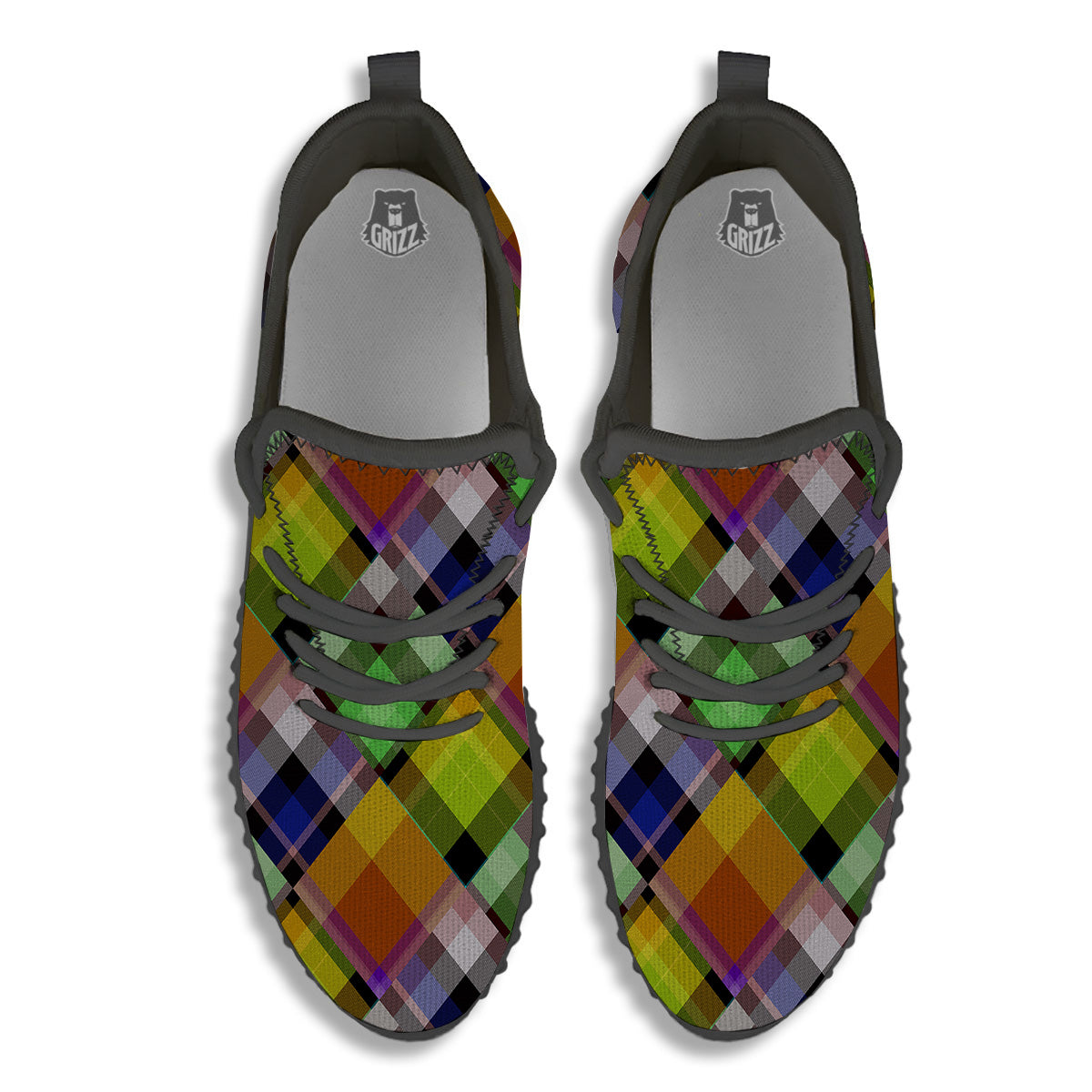 Diagonal Madras Plaid Print Pattern Black Walking Shoes-grizzshop