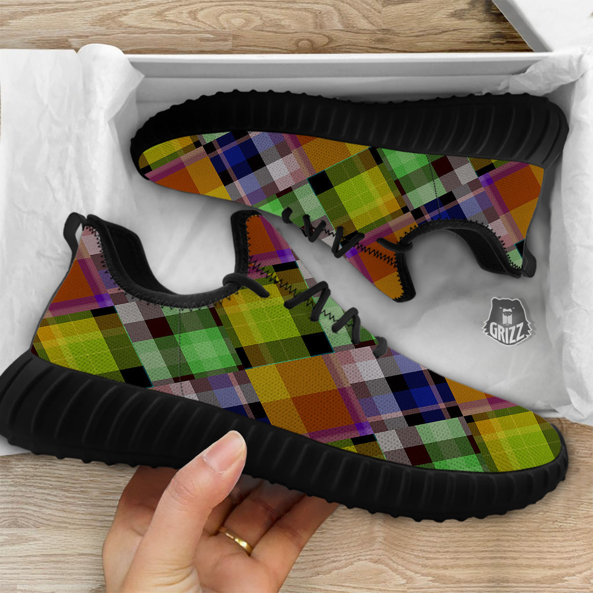 Diagonal Madras Plaid Print Pattern Black Walking Shoes-grizzshop