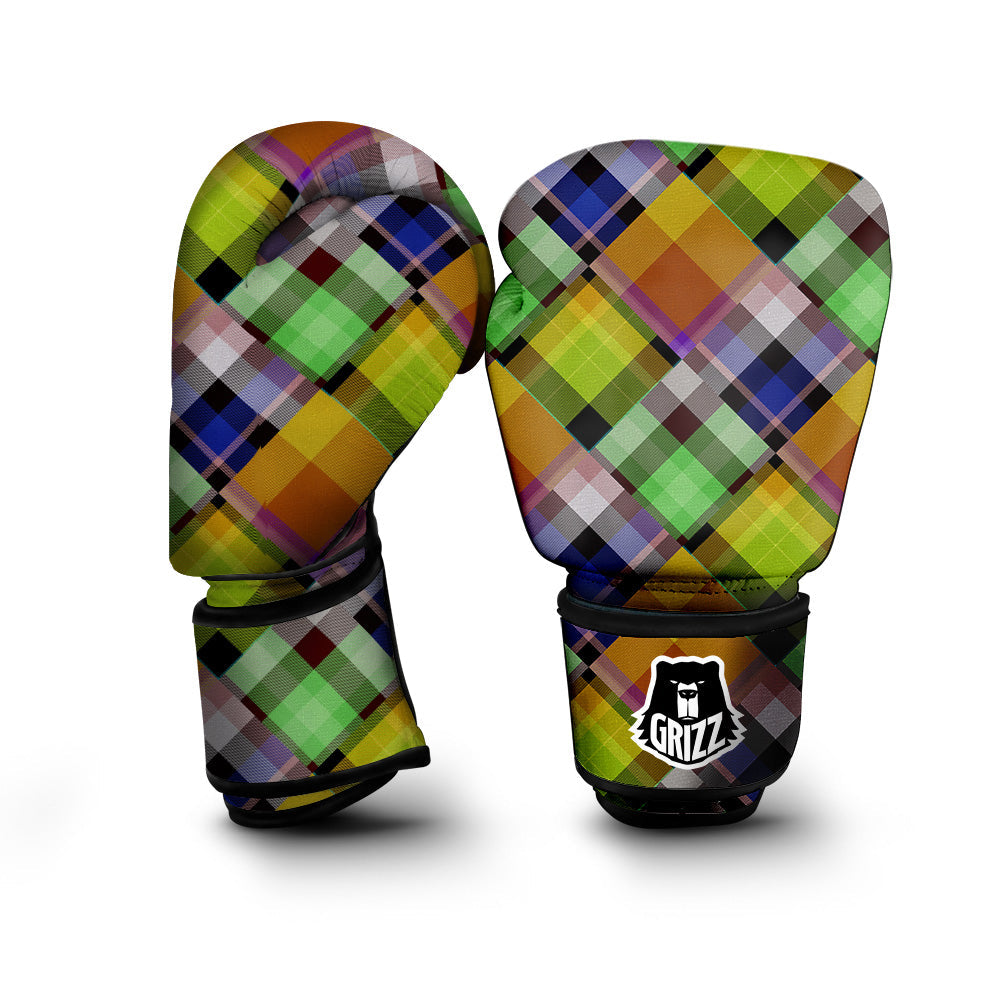 Diagonal Madras Plaid Print Pattern Boxing Gloves-grizzshop
