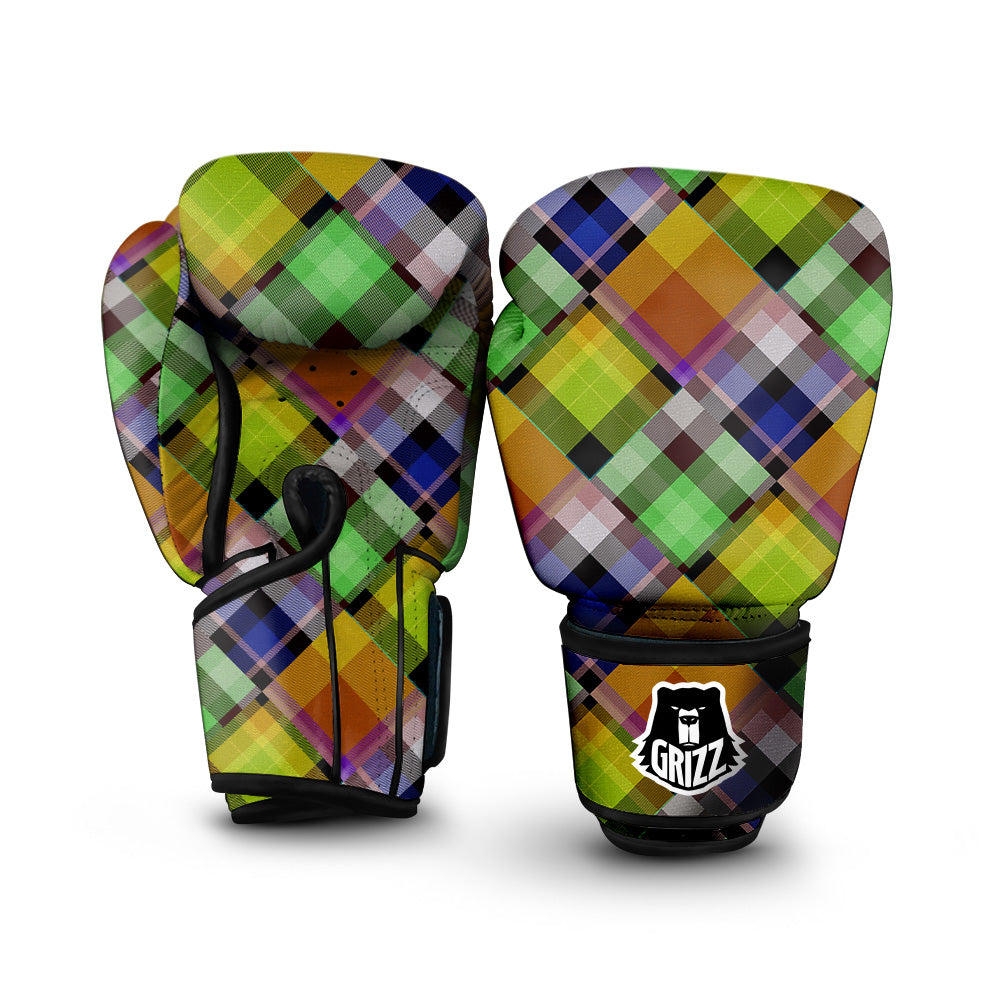 Diagonal Madras Plaid Print Pattern Boxing Gloves-grizzshop