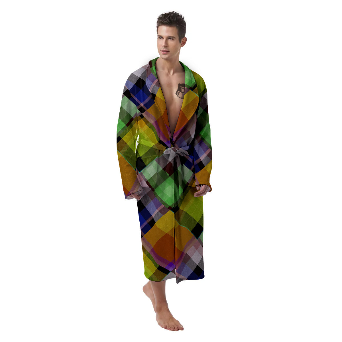 Diagonal Madras Plaid Print Pattern Men's Robe-grizzshop