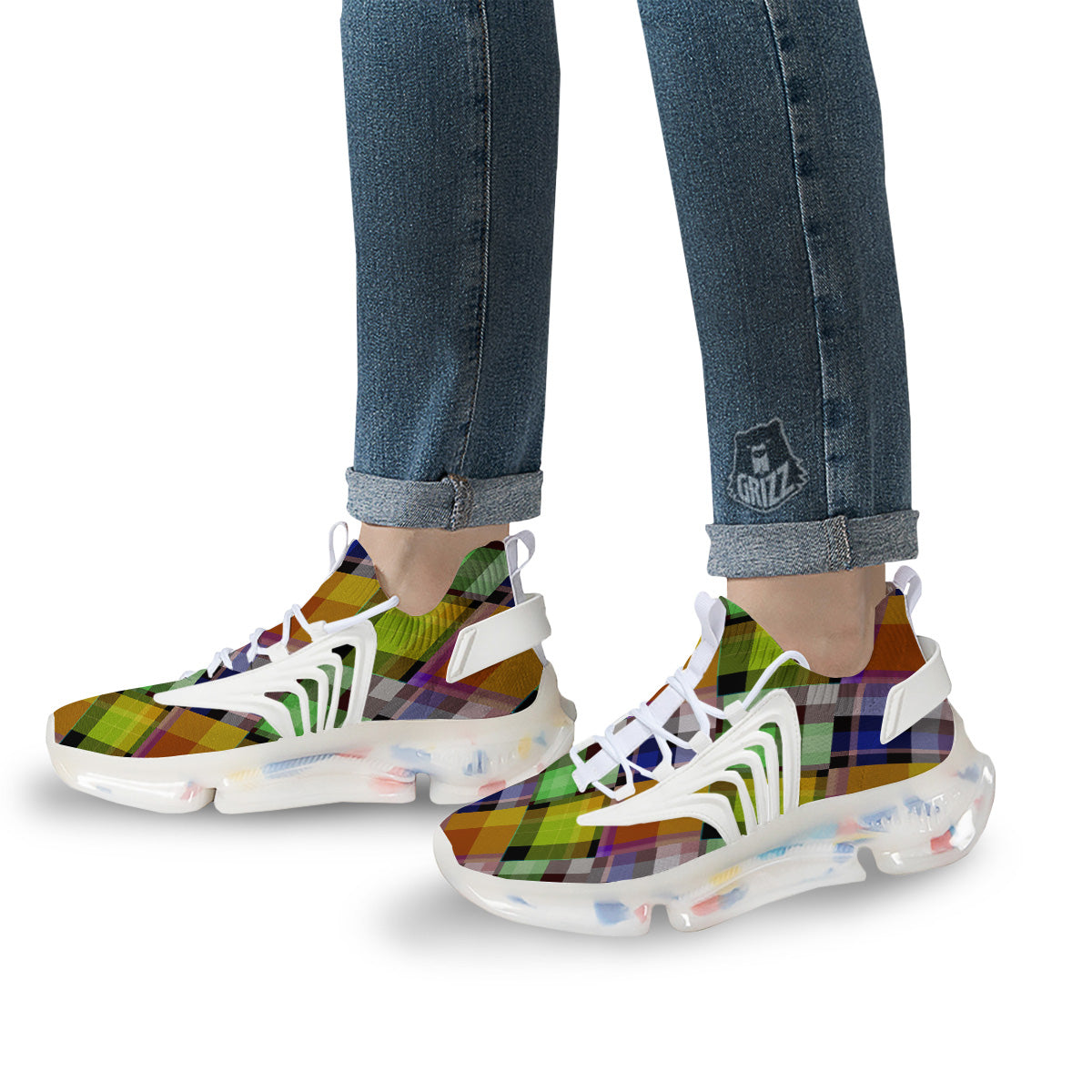 Diagonal Madras Plaid Print Pattern White Gym Shoes-grizzshop