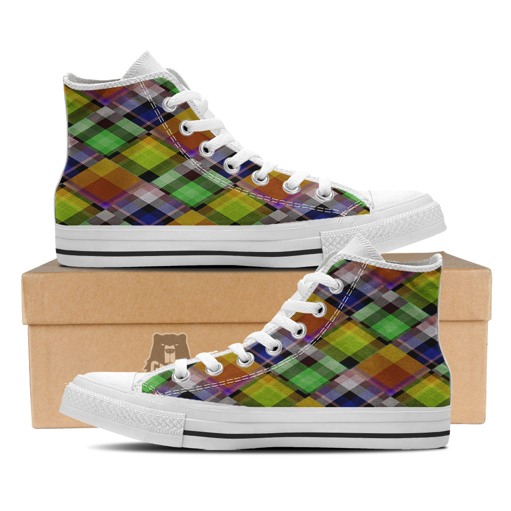 Diagonal Madras Plaid Print Pattern White High Top Shoes-grizzshop
