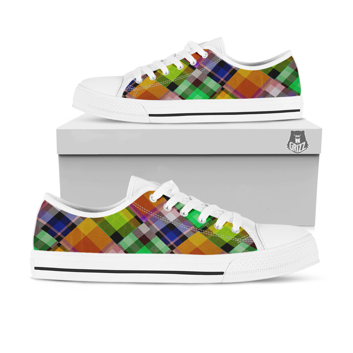 Diagonal Madras Plaid Print Pattern White Low Top Shoes-grizzshop