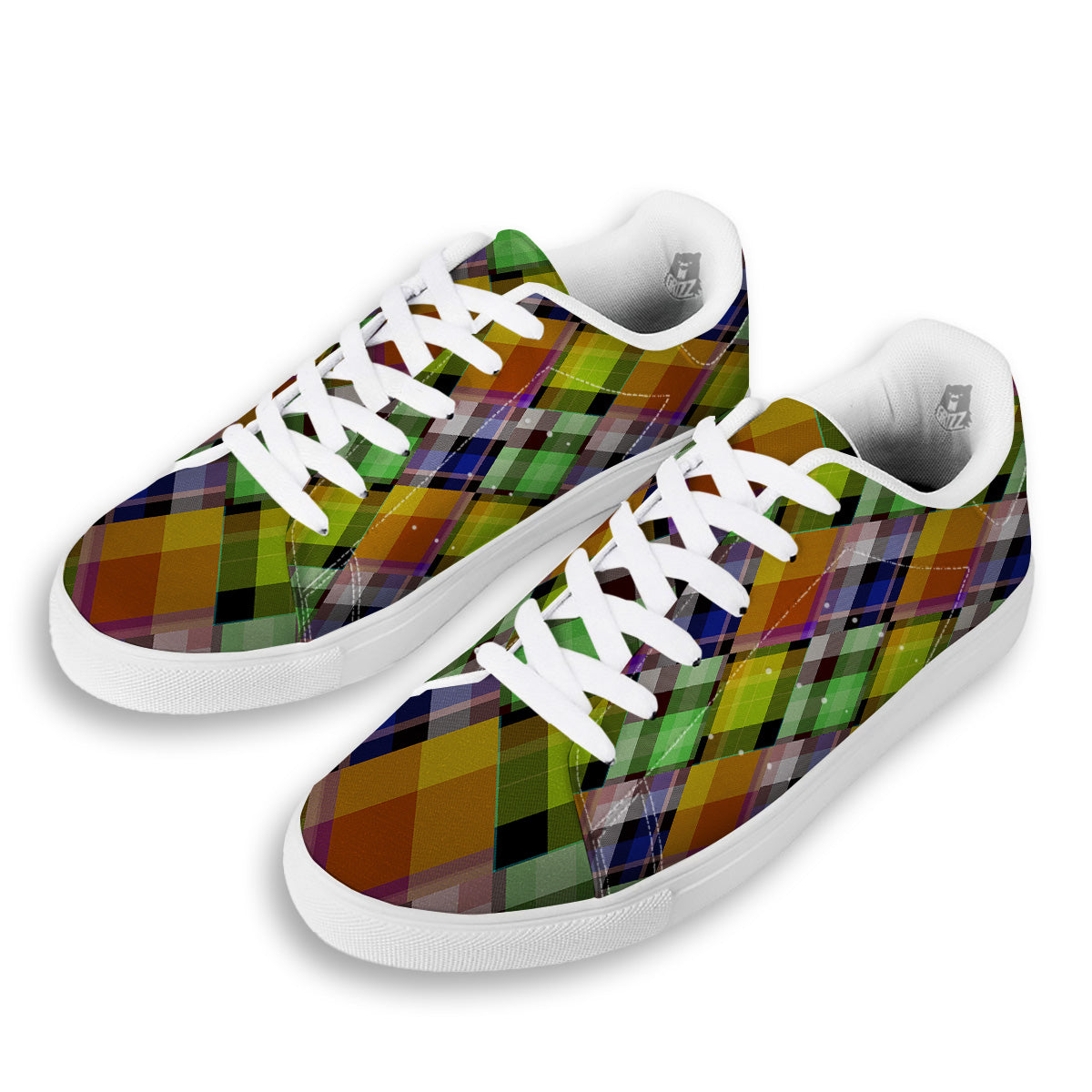 Diagonal Madras Plaid Print Pattern White Low Top Sneakers-grizzshop