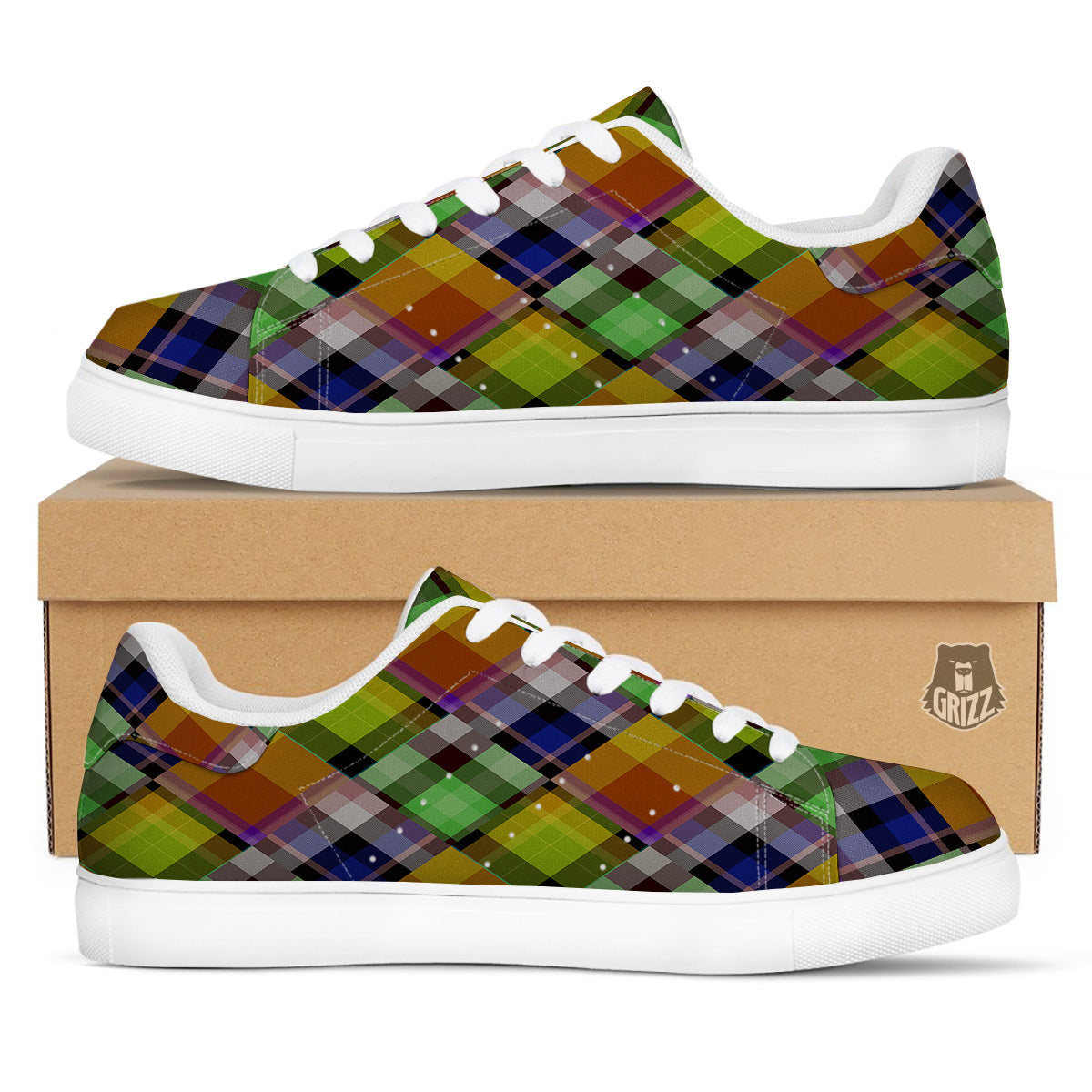 Diagonal Madras Plaid Print Pattern White Low Top Sneakers-grizzshop