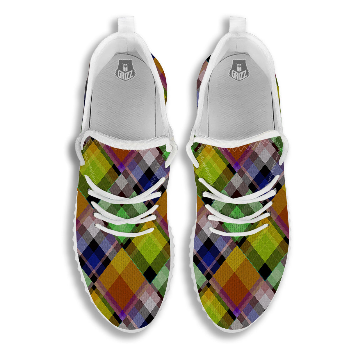 Diagonal Madras Plaid Print Pattern White Walking Shoes-grizzshop