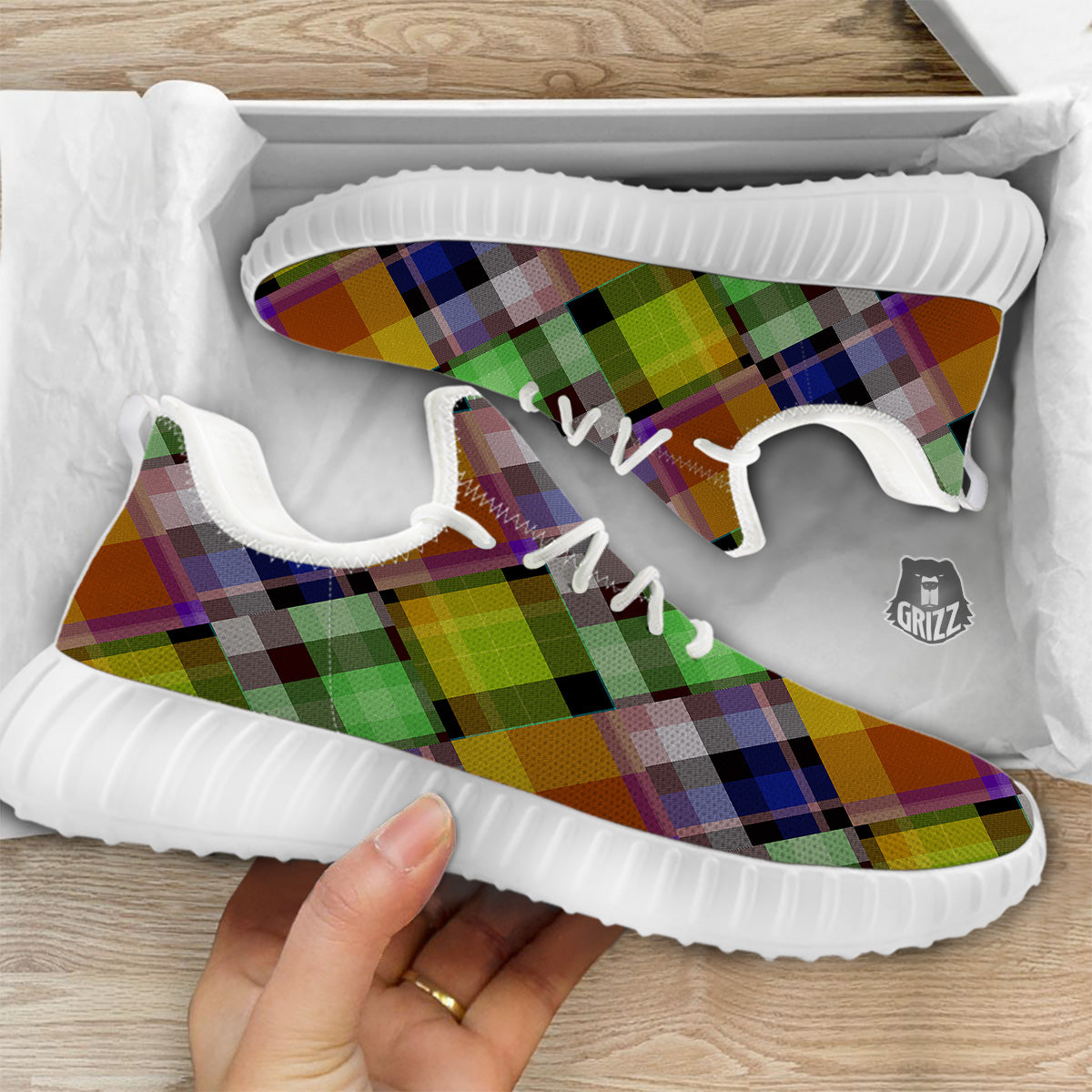 Diagonal Madras Plaid Print Pattern White Walking Shoes-grizzshop