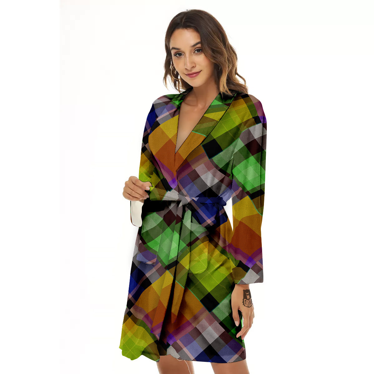 Diagonal Madras Plaid Print Pattern Women's Robe-grizzshop