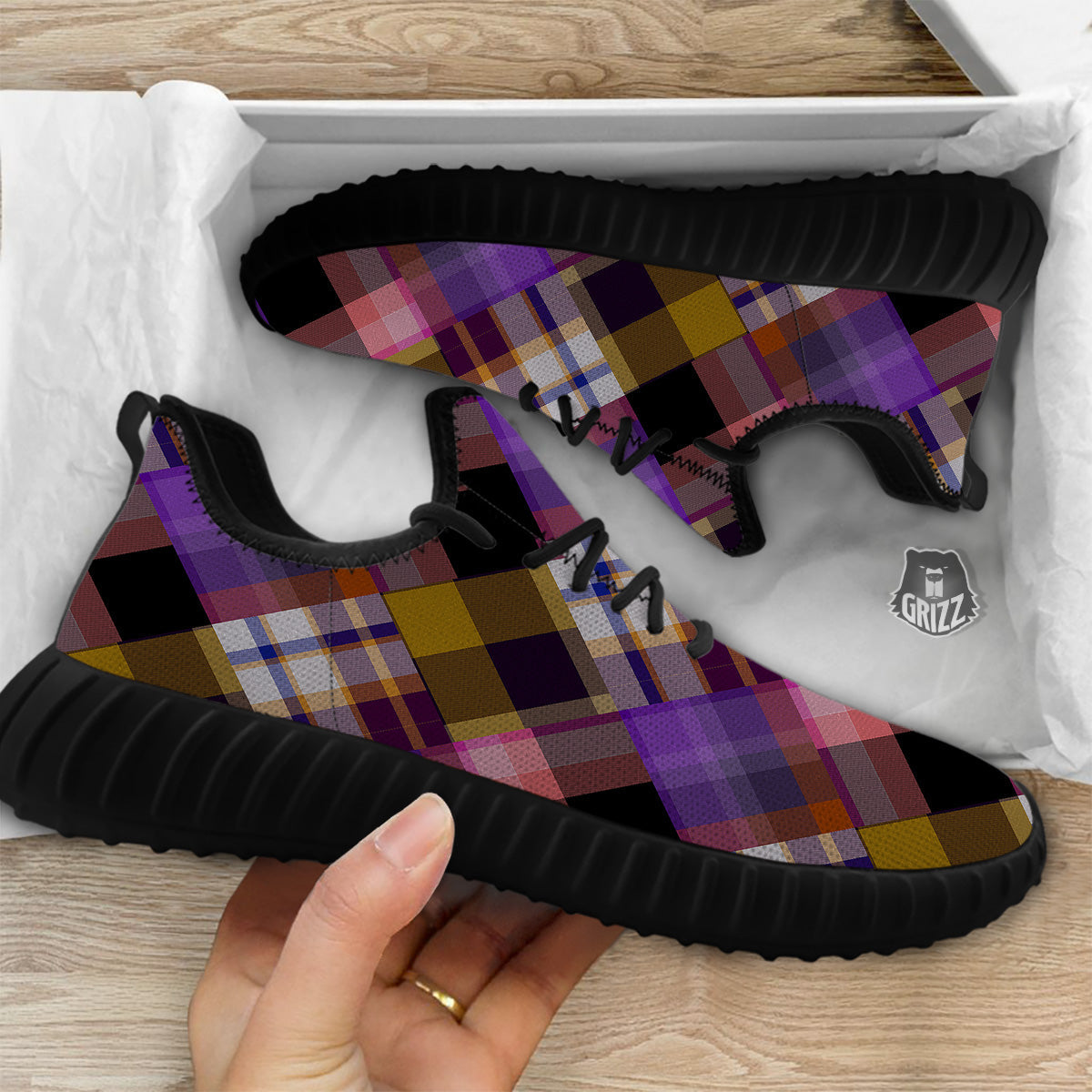 Diagonal Madras Tartan Plaid Print Pattern Black Walking Shoes-grizzshop