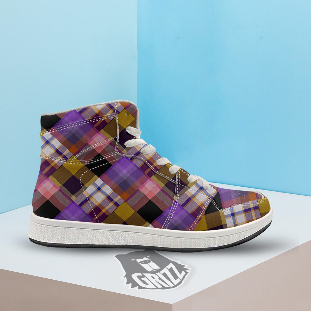 Diagonal Madras Tartan Plaid Print Pattern High Top Sneakers-grizzshop