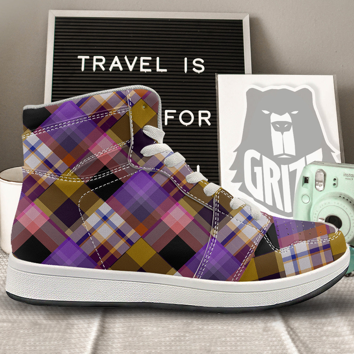 Diagonal Madras Tartan Plaid Print Pattern High Top Sneakers-grizzshop