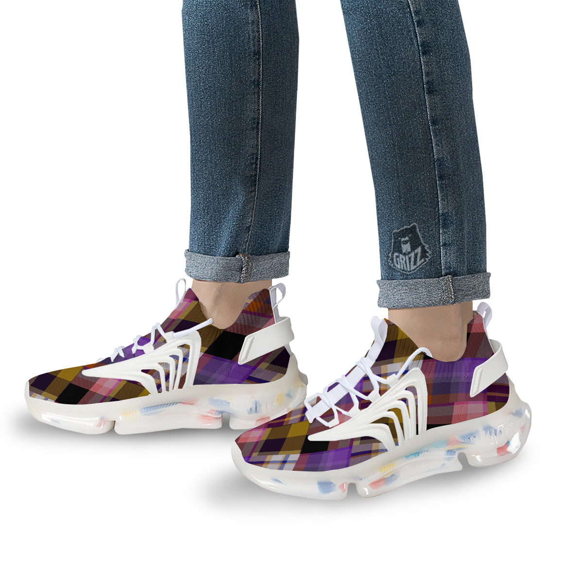 Diagonal Madras Tartan Plaid Print Pattern White Gym Shoes-grizzshop