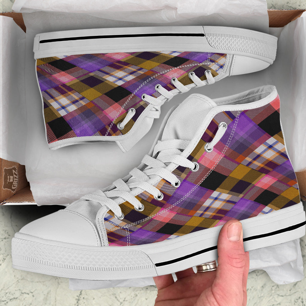 Diagonal Madras Tartan Plaid Print Pattern White High Top Shoes-grizzshop