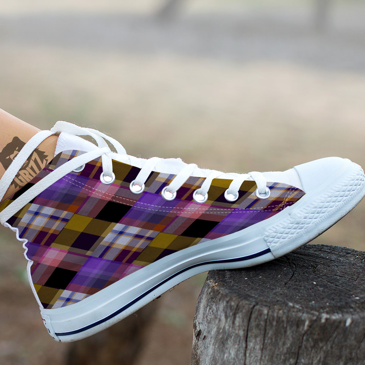 Diagonal Madras Tartan Plaid Print Pattern White High Top Shoes-grizzshop
