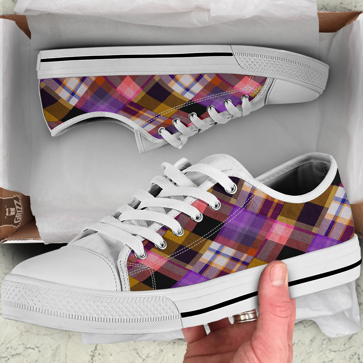 Diagonal Madras Tartan Plaid Print Pattern White Low Top Shoes-grizzshop