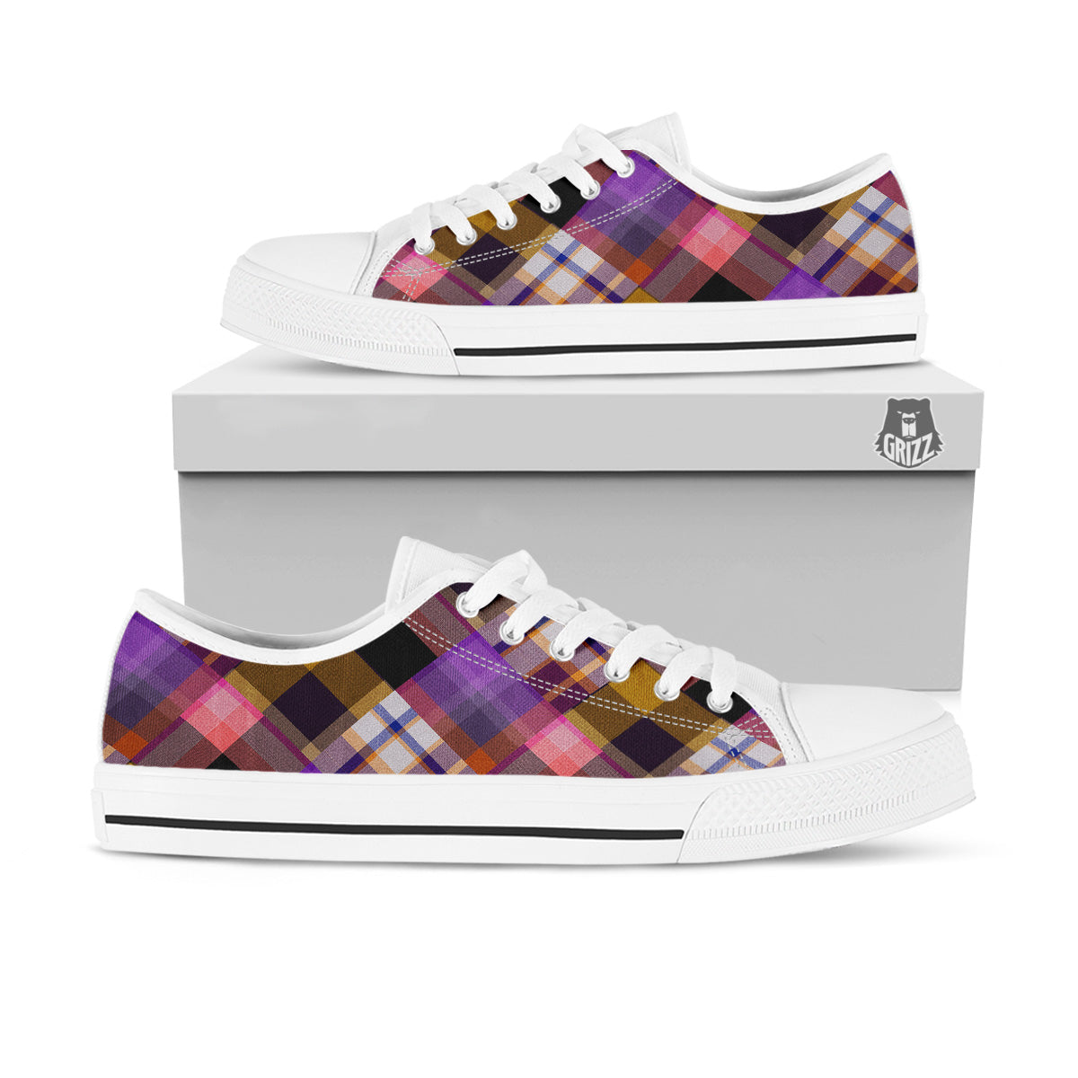 Diagonal Madras Tartan Plaid Print Pattern White Low Top Shoes-grizzshop