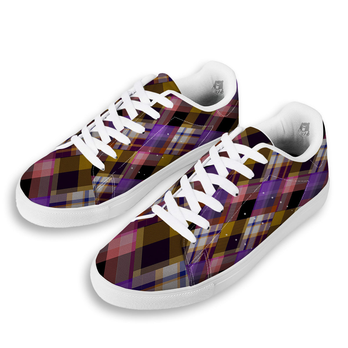 Diagonal Madras Tartan Plaid Print Pattern White Low Top Sneakers-grizzshop