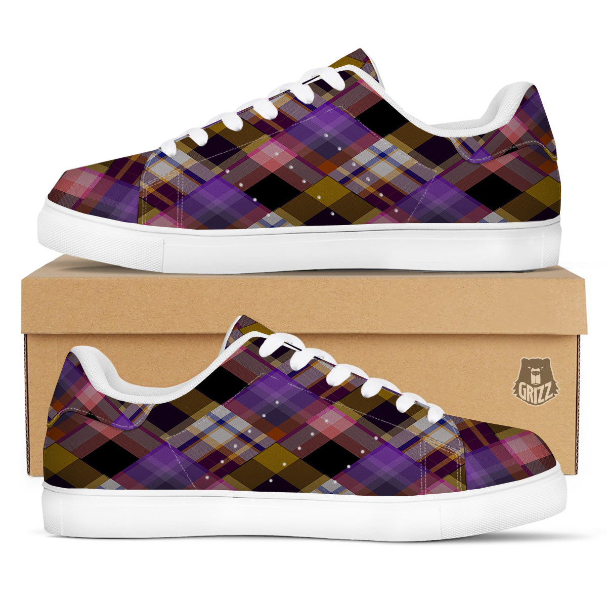 Diagonal Madras Tartan Plaid Print Pattern White Low Top Sneakers-grizzshop