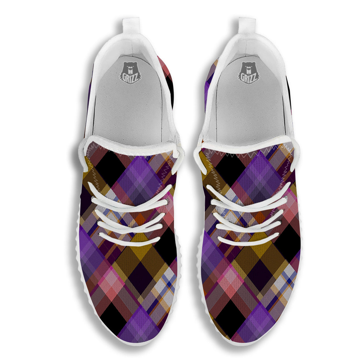 Diagonal Madras Tartan Plaid Print Pattern White Walking Shoes-grizzshop