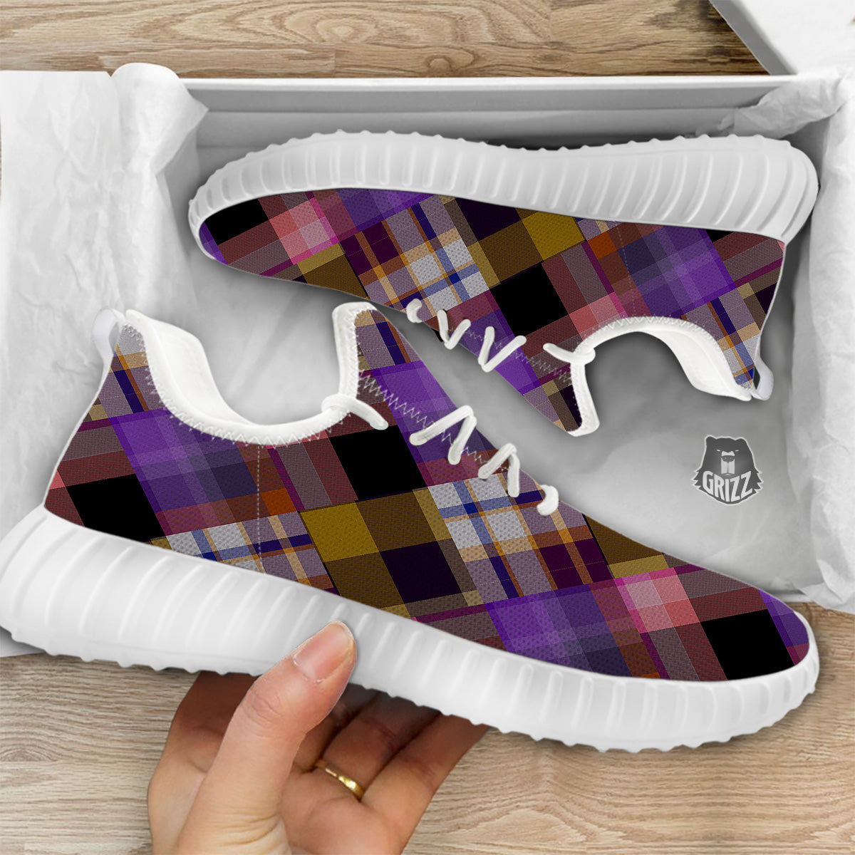 Diagonal Madras Tartan Plaid Print Pattern White Walking Shoes-grizzshop