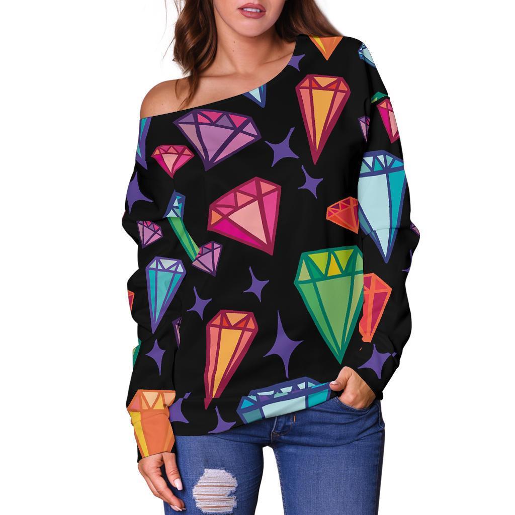 Diamond Colorful Print Pattern Women Off Shoulder Sweatshirt-grizzshop