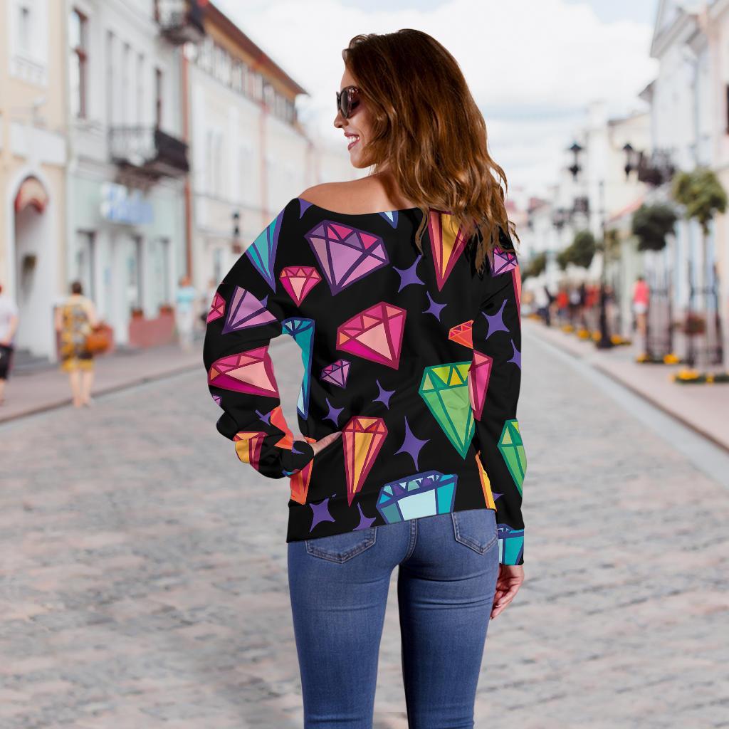 Diamond Colorful Print Pattern Women Off Shoulder Sweatshirt-grizzshop