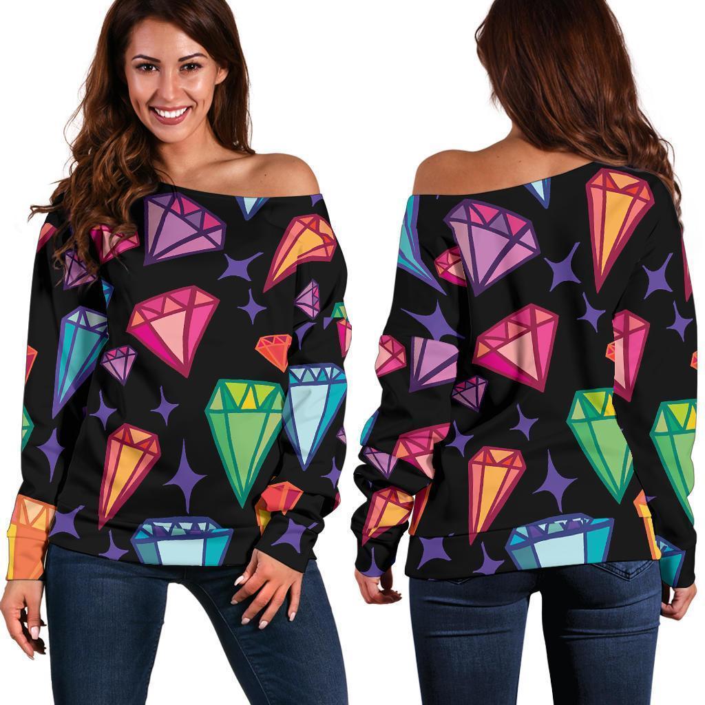 Diamond Colorful Print Pattern Women Off Shoulder Sweatshirt-grizzshop