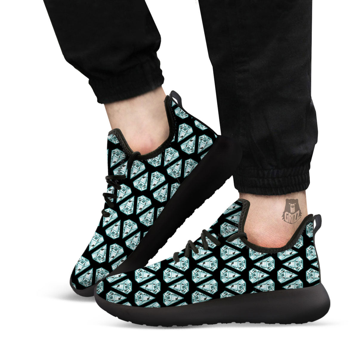 Diamond Print Pattern Black Athletic Shoes-grizzshop