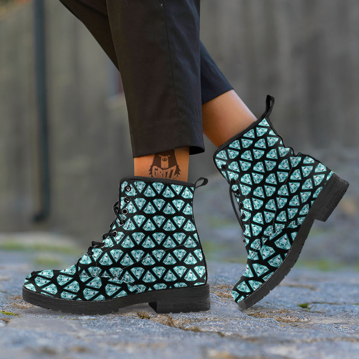 Diamond Print Pattern Leather Boots-grizzshop