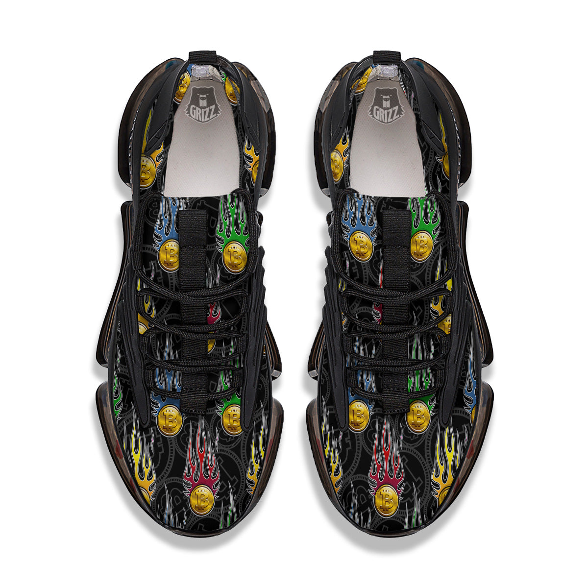 Digital Bitcoin On Fire Print Pattern Black Gym Shoes-grizzshop