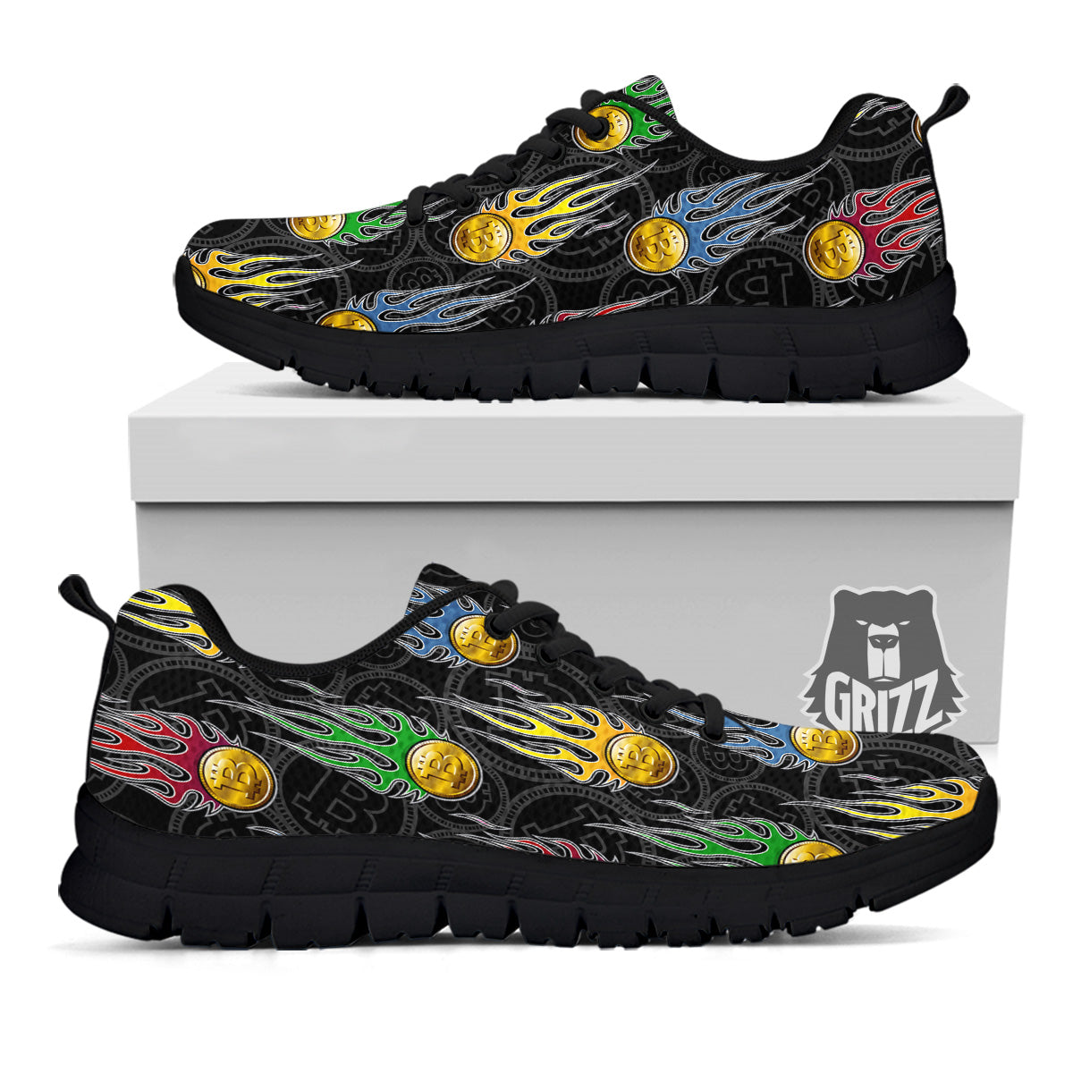 Digital Bitcoin On Fire Print Pattern Black Sneaker-grizzshop