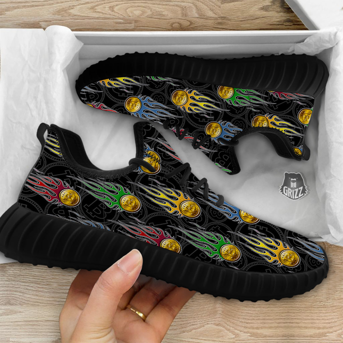 Digital Bitcoin On Fire Print Pattern Black Walking Shoes-grizzshop