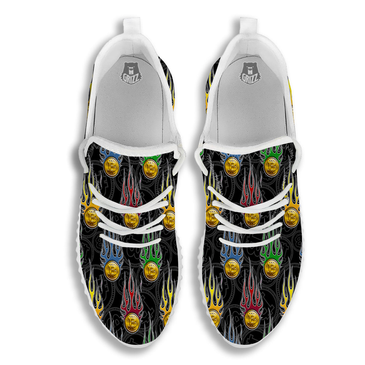 Digital Bitcoin On Fire Print Pattern White Walking Shoes-grizzshop