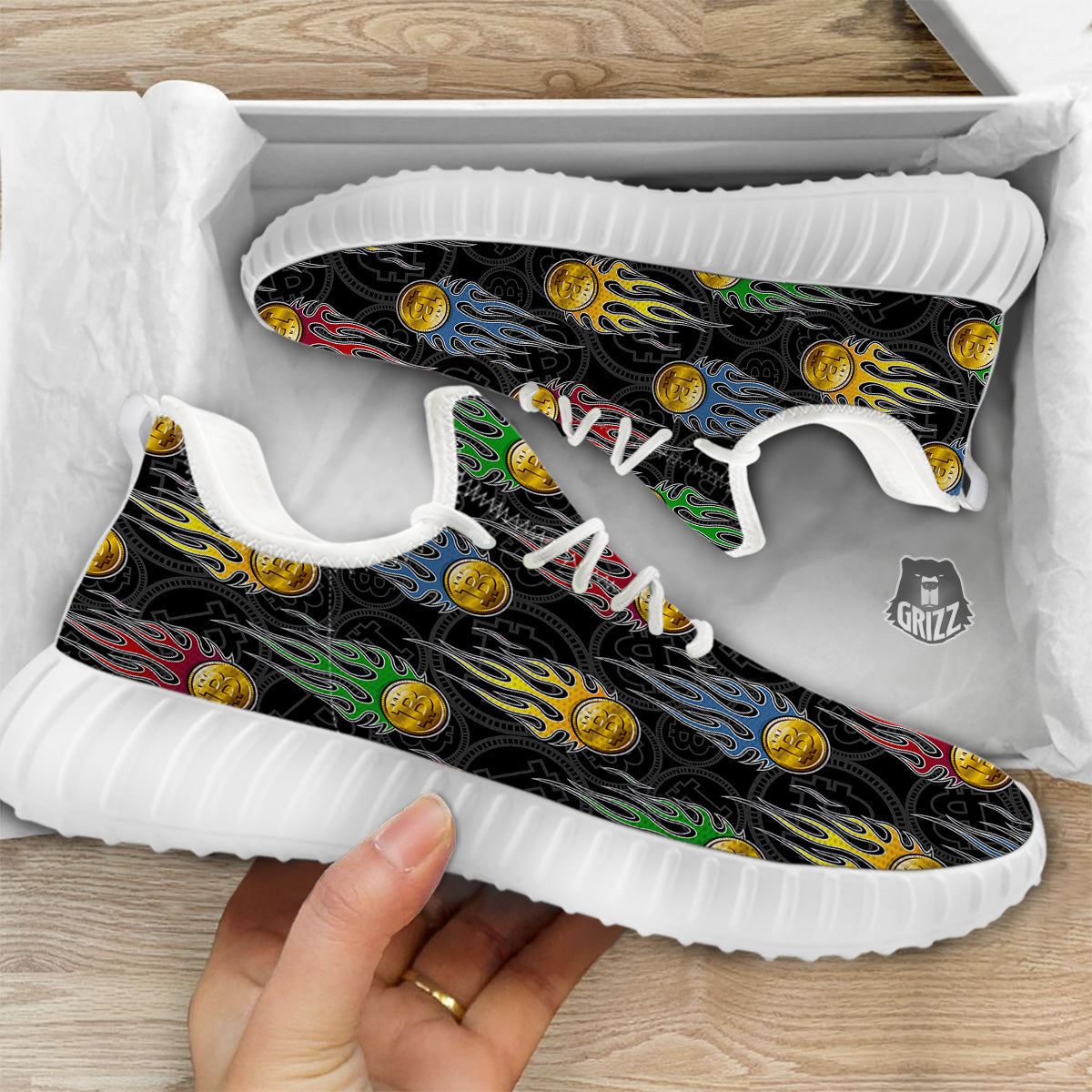 Digital Bitcoin On Fire Print Pattern White Walking Shoes-grizzshop