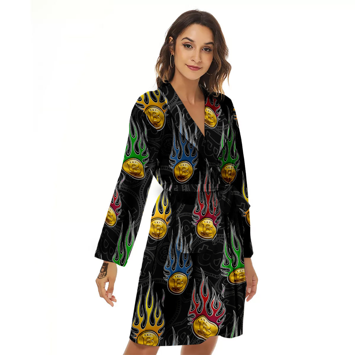 Digital Bitcoin On Fire Print Pattern Women's Robe-grizzshop