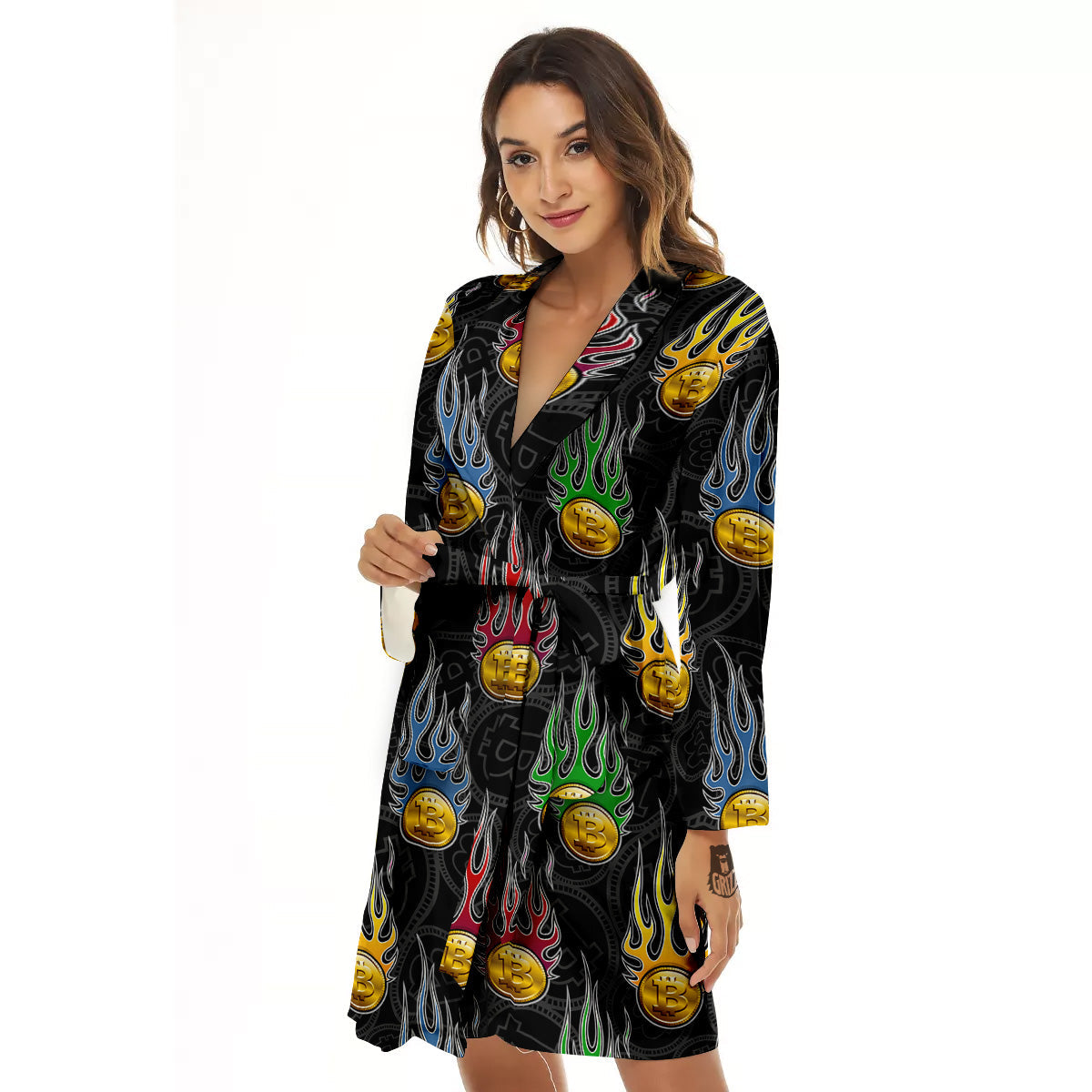 Digital Bitcoin On Fire Print Pattern Women's Robe-grizzshop