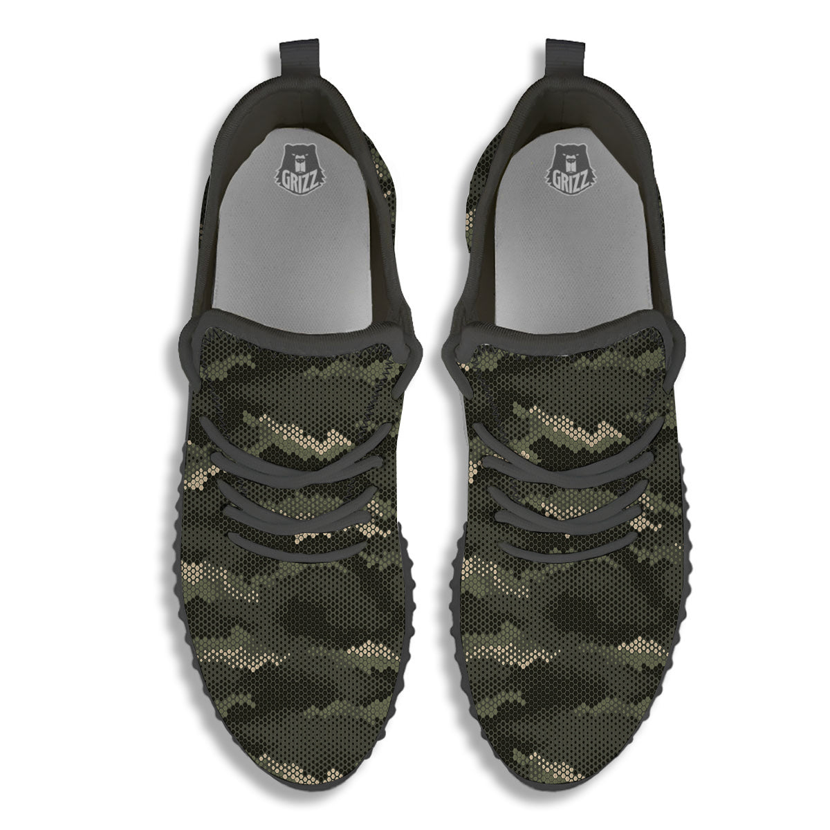 Digital Camo Army Green Print Pattern Black Walking Shoes-grizzshop