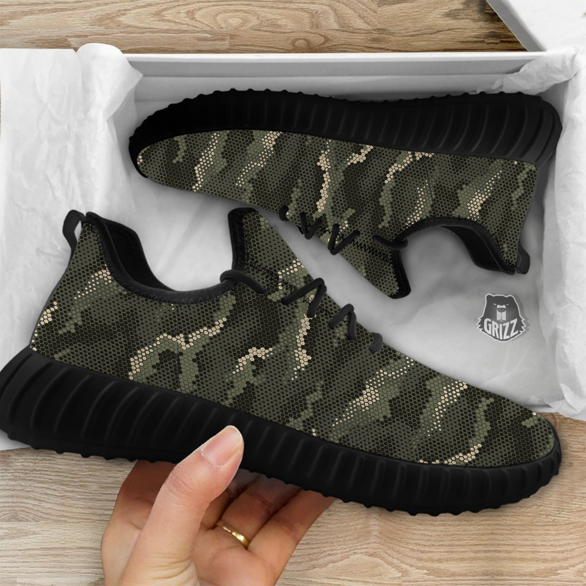 Digital Camo Army Green Print Pattern Black Walking Shoes-grizzshop