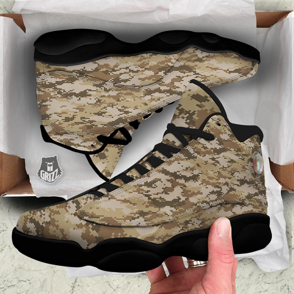 Digital Camo Beige Print Pattern Black Basketball Shoes-grizzshop