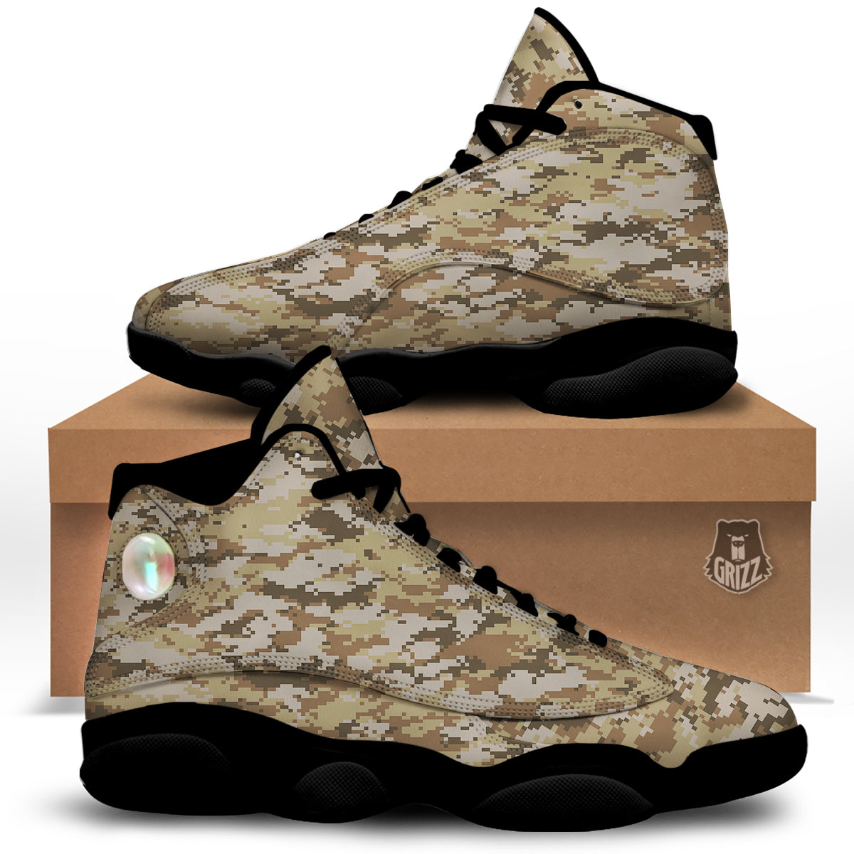 Digital Camo Beige Print Pattern Black Basketball Shoes-grizzshop
