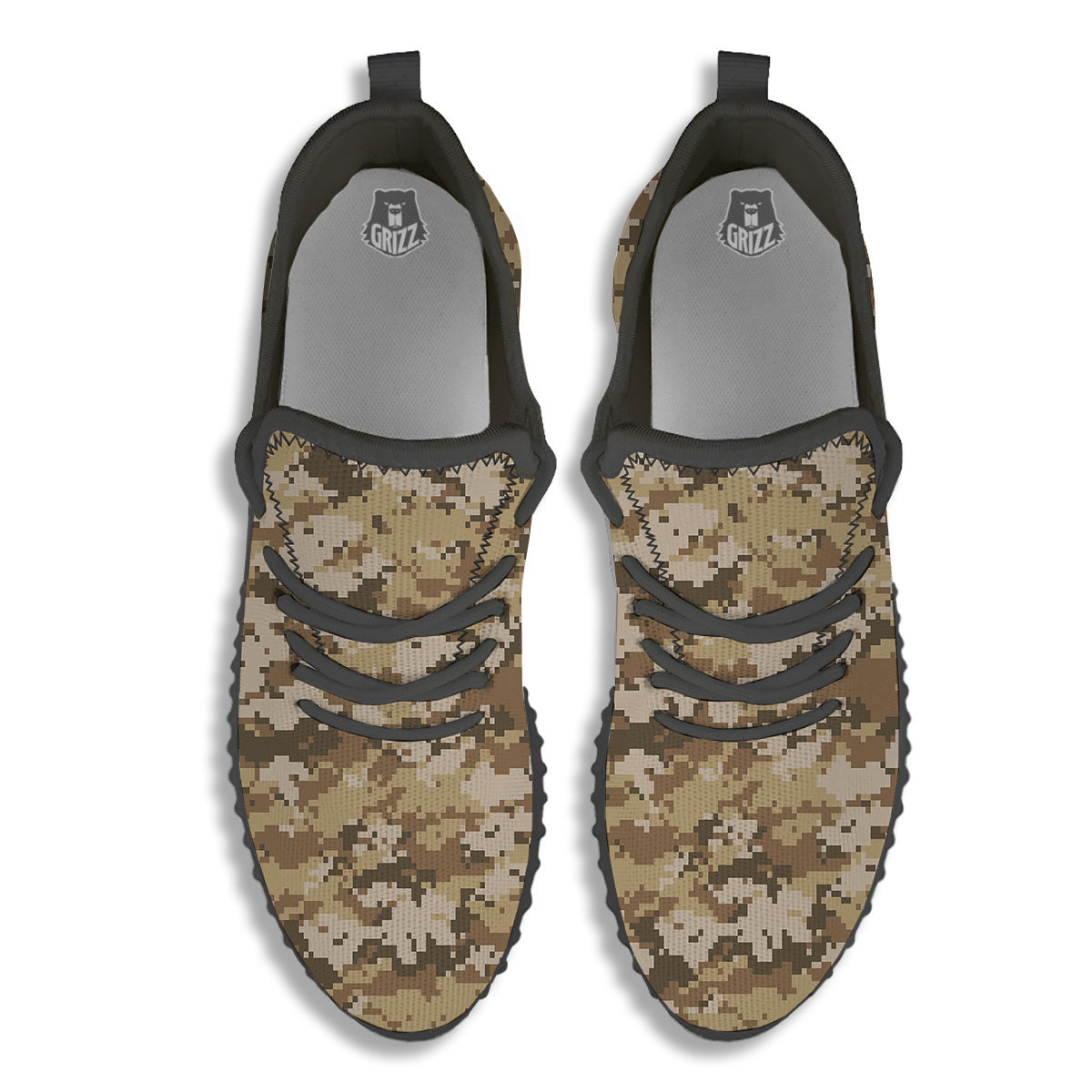 Digital Camo Beige Print Pattern Black Walking Shoes-grizzshop