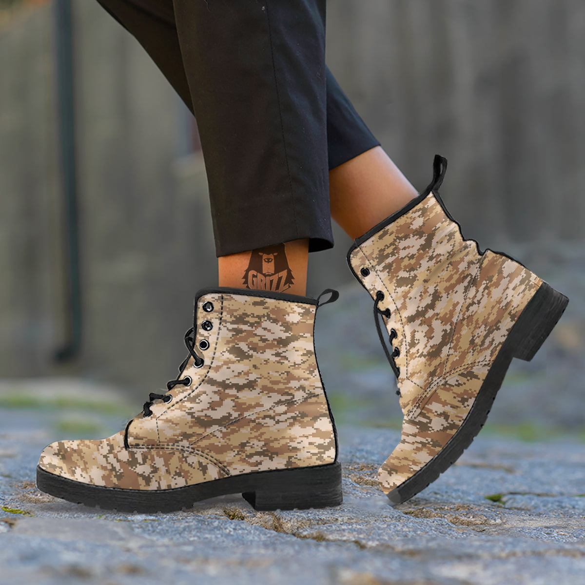 Digital Camo Beige Print Pattern Leather Boots-grizzshop
