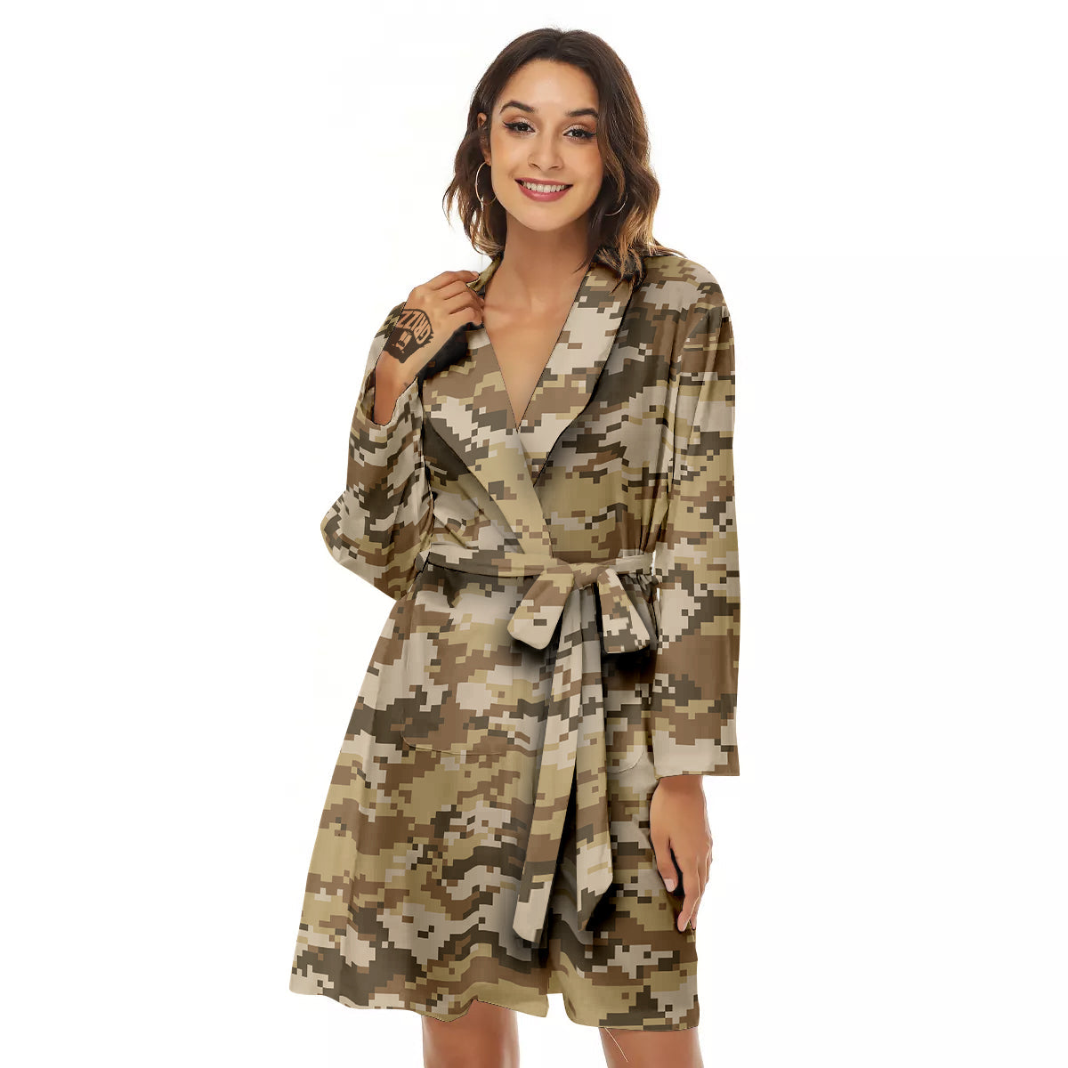 Digital Camo Beige Print Pattern Women's Robe-grizzshop