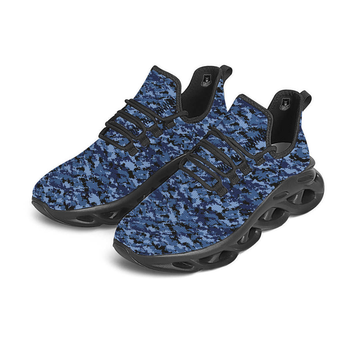 Digital Camo Black And Blue Print Black Running Shoes-grizzshop