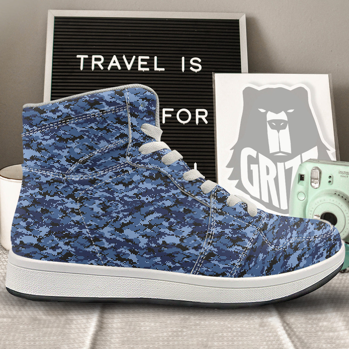 Digital Camo Black And Blue Print High Top Sneakers-grizzshop